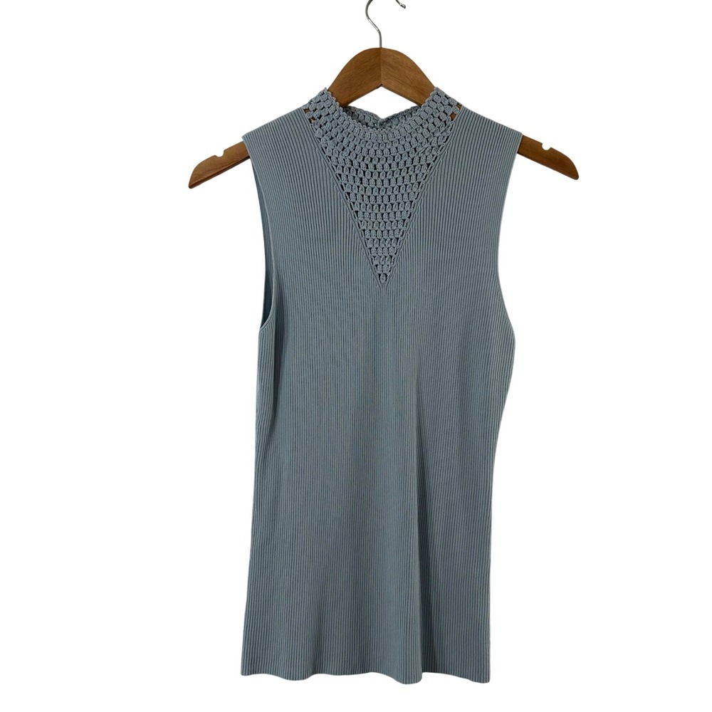 Versailles Womens Blue Ribbed Knit Crochet High Neck Sleeveless Shell Top